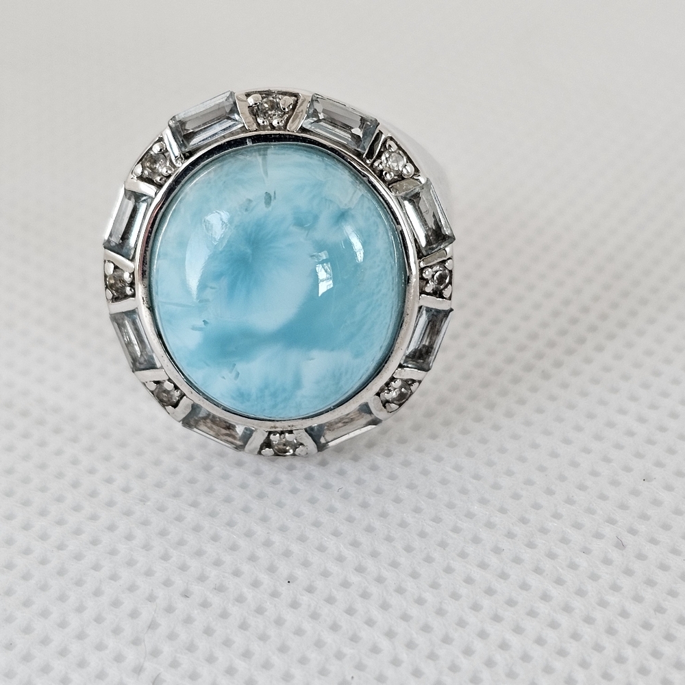 Natural Larimar Ring & Diamond Sterling Silver Ring Sz 8!